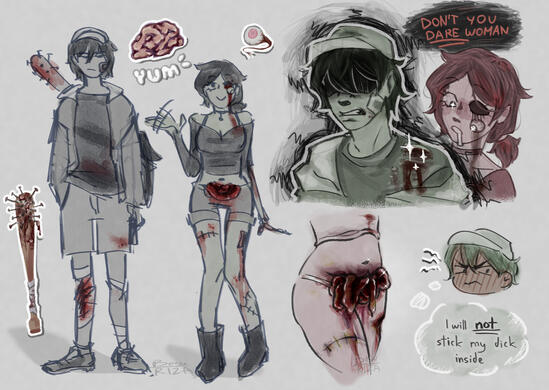 3 illustrations 2 characters: full body, bust, "bust" mono color $100~